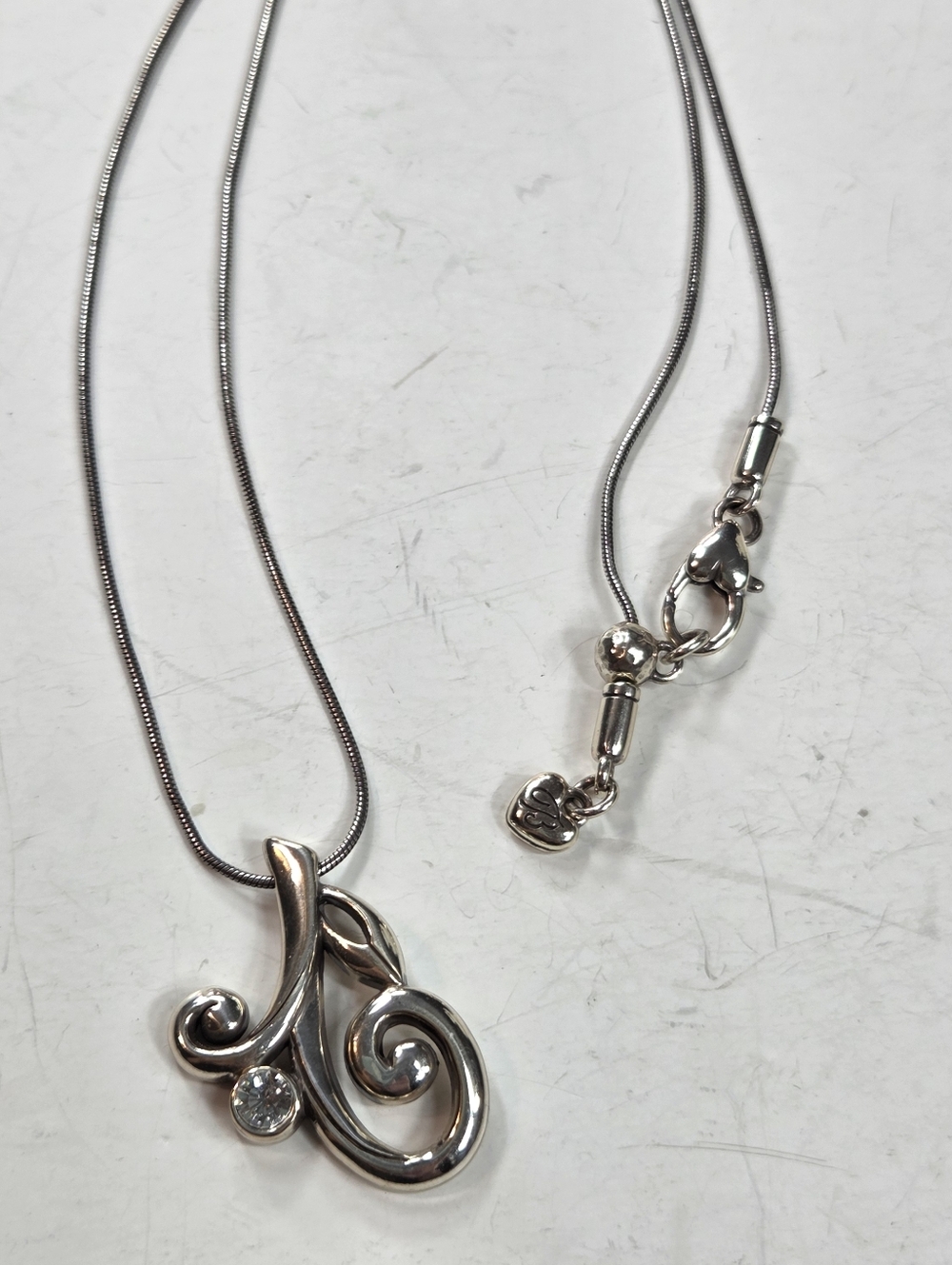 brighton silver tone long necklace scroll clear crystal pendant 20in modernist